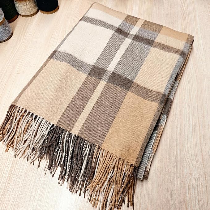 Soft Pure Wool Throw Blanket, Lightweight Warmth, 55"x83", Plaid, Fringe, Compact with Bag, Useful Gift for Women Men, All Season Decorative Cozy Travel Blanket for Couch Bed, Outdoors