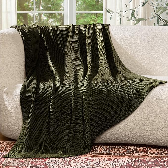 100% Cotton Cable Knit Throw Blanket, Large Lightweight Soft Knit Blanket for Sofa Couch Bed, Breathable All-Season Throw, Cozy Decorative Blanket, 60 x 80 Inch,Olive Green