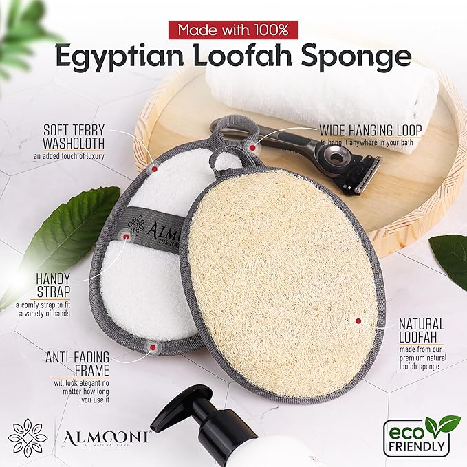 Almooni Natural Exfoliating Loofah for Men, Lightly Abrasive Egyptian Loofah Body Scrubber for Men, Dual-Sided with Cotton Back, Hand Strap, Gray, 2-Count