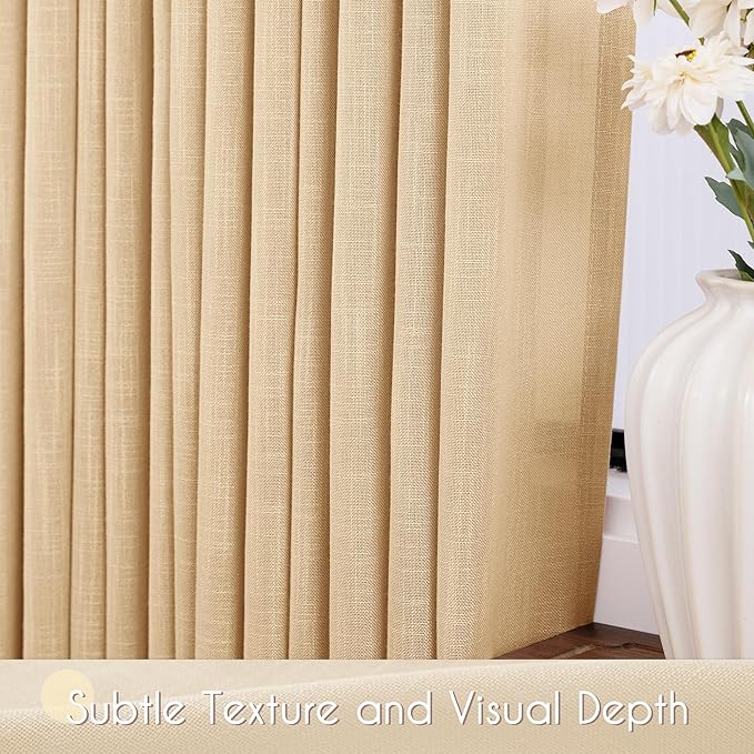 Tan Linen Curtains 102 Inches Long for Living Room Back Tab Rustic Farmhouse Semi Sheer Light Filtering Window Curtain Dining Room Soft Thick Flax Linen Textured Drapes Khaki 52x102