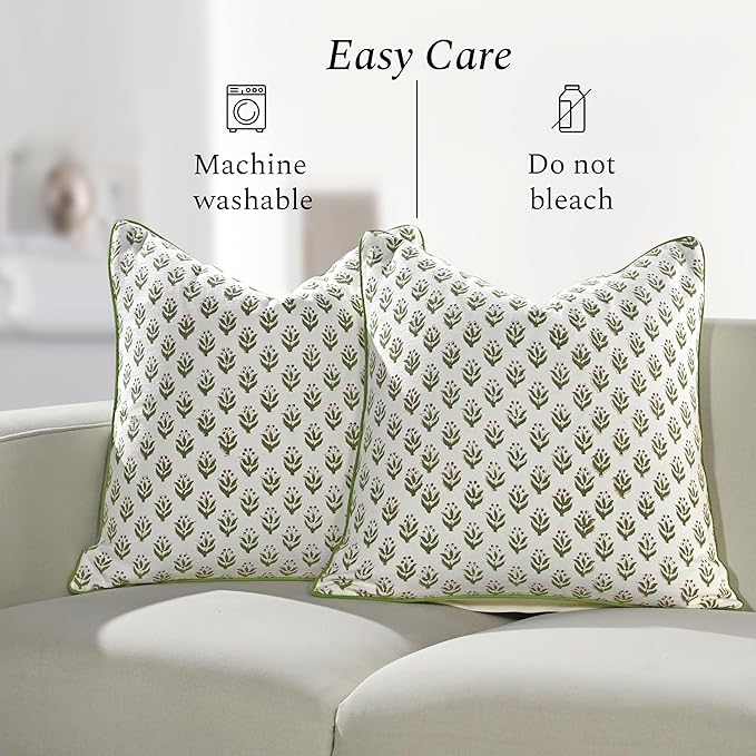 CPC Throw Piping Pillow Covers for Couch, 18x18 Inch Pillows for Living Room, 100% Cotton Boho Cute Outdoor Pillows, Flower Cushion Covers Gift for Spring, Easter - Bohemian Meadow