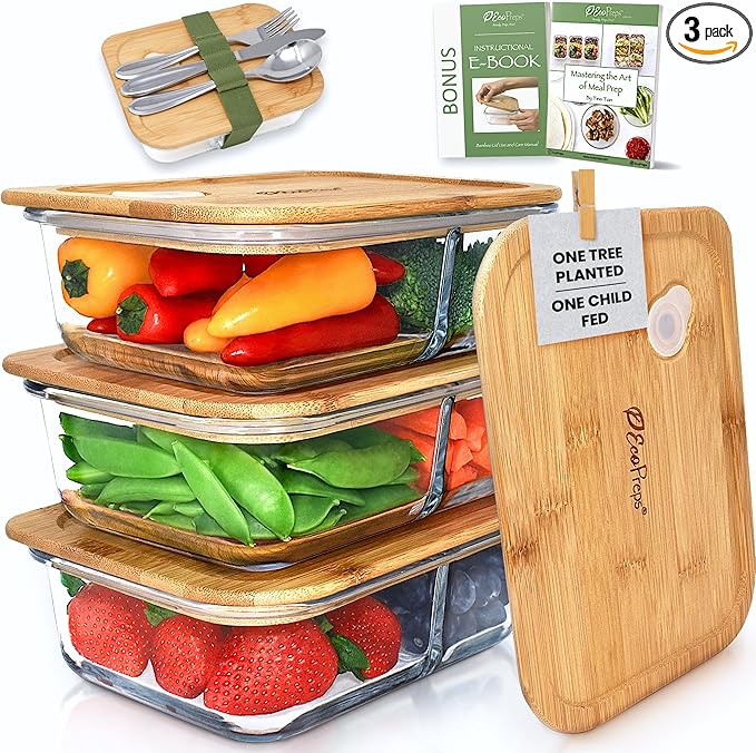 EcoPreps Glass Meal Prep Containers with Bamboo Lids, 2 Compartment Glass Bento Box Container Set (3 Pack) | 100% Plastic Free, Eco-Friendly, Lunch Containers with Lids Made of Bamboo - Set of 3
