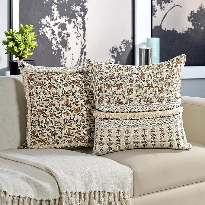 Ridhi Amber Fern Garden Block Print Cotton Handmade TNT Cushion Cover 18x18 Inch Decorative Throw Pillow Cover for Sofa, Living Room, Bedroom Decor, Soft, Cushion Case for Spring, Easter