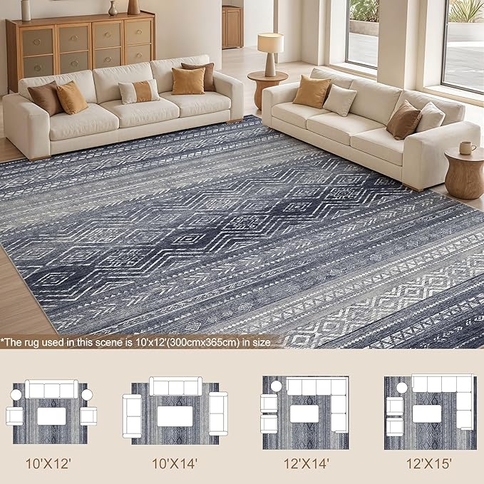 Tortania Area Rug Living Room Rugs- 10x14 Washable Large Soft Neutral Boho Moroccan Bohemian Farmhouse Rug Indoor Floor Carpet for Bedroom Under Dining Table Home Office Decor - Blue Gray