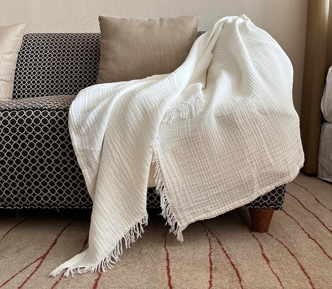KyraHome 100% Cotton Throw Blanket 60"x80" Large Muslin Blankets for Adults, Couch, Picnic, Travel, Plant Dyed Pre-Washed Breathable Lightweight Soft Summer Blanket, All Season, White