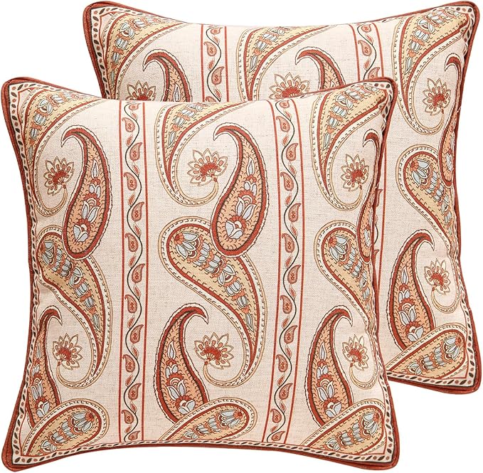 ISAENNE Design Linen Classic Vintage Throw Pillow Covers 18"x18" Pack of 2, Square Cushion Covers with Orange Yellow Paisley Style Pattern Decoration Pillowcases for Bed,Living Room,Outdoor,Car
