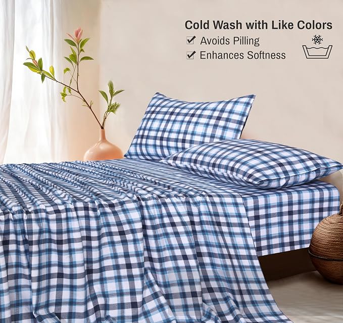 RUVANTI Flannel Sheets King Size - 100% Cotton Double Brushed King Size Sheets Set - Deep Pockets 16 Inches Bed Sheets - All Seasons Breathable & Extra Soft - Warm & Cozy, 4 Piece, Gingham Addition