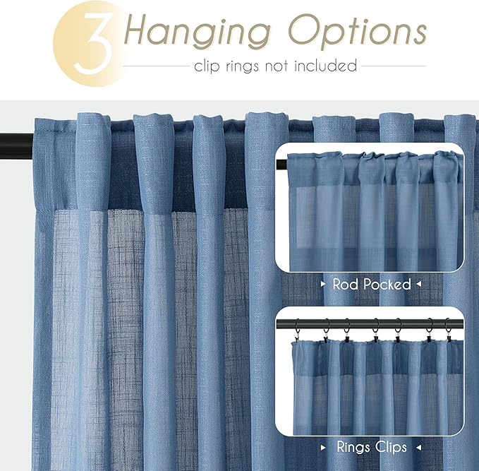 Denim Blue Curtains for Living Room Back Tab Modern Farmhouse Semi Sheer Blue Curtains 108 inches Long 2 Panels Set Muted Neutral Window Curtain for Dining Room Bedroom 52x108