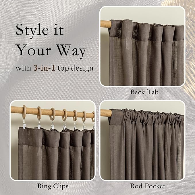 MYSKY HOME French Door Curtains for Closet Doorways, 72 Inches Long Dark Brown Semi Sheer Drapes Light Filtering Curtain Panels Elegant Look for Classroom/Guestroom Windows, 50" x 72", 2 PCs
