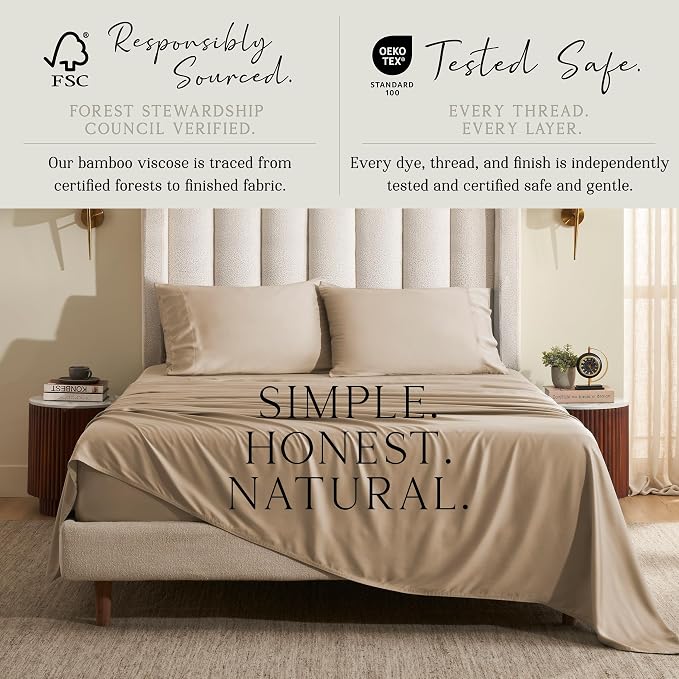 KARISSA MAE Pure Viscose from Bamboo Queen Size Pillowcase Set | 100% FSC Certified | Luxuriously Soft | Cooling | [Wheat]