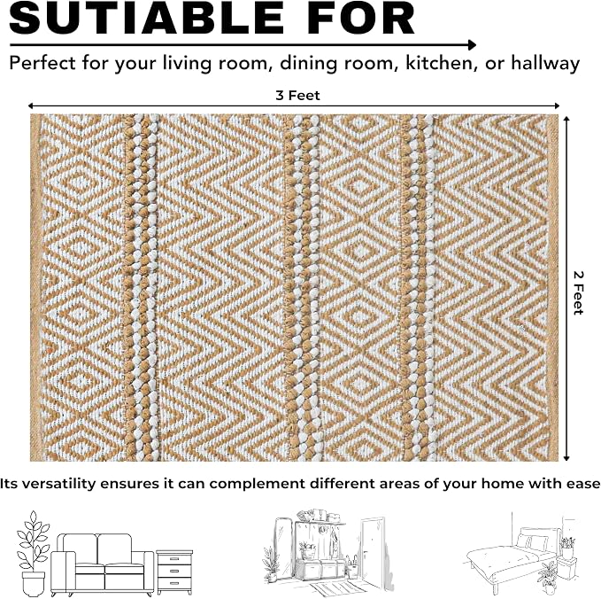 Bedding Craft Jute Cotton Stripe Area Rug for Living Room 24x36 Inch - Natural Ivory - Machine Washable 2x3 Feet Rugs - 70% Jute and 30% Cotton