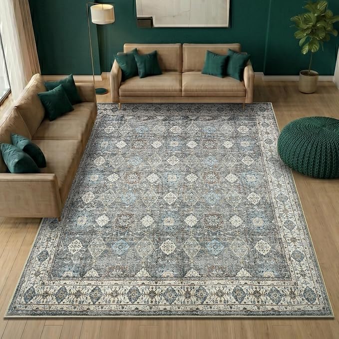 Keen Home Design 8x10 Rug - Machine Washable Area Rug with Non-Slip Backing, Ideal for Living Room, Dining Room, Bedroom - Vintage, Easy Clean, Durable, Low Pile Rug - (8' x 10')