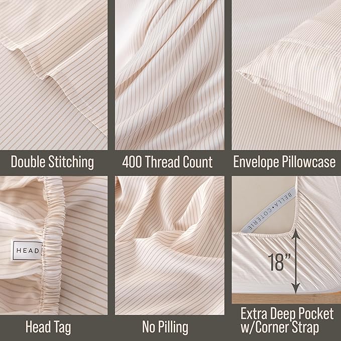 Bella Coterie | Luxury Bamboo Viscose Queen Size Pillowcase Set | 100% Organically Grown | Ultra Soft | Cooling | 2 Pcs [Striped Dune]