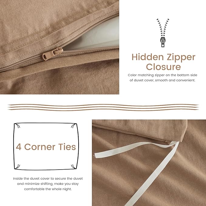 BISELINA French Linen Duvet Cover Set 3pcs with Hidden Zipper Closure Natural Flax Cotton Blend Solid Color Soft Breathable Luxury Farmhouse Bedding - Queen Size, Clay