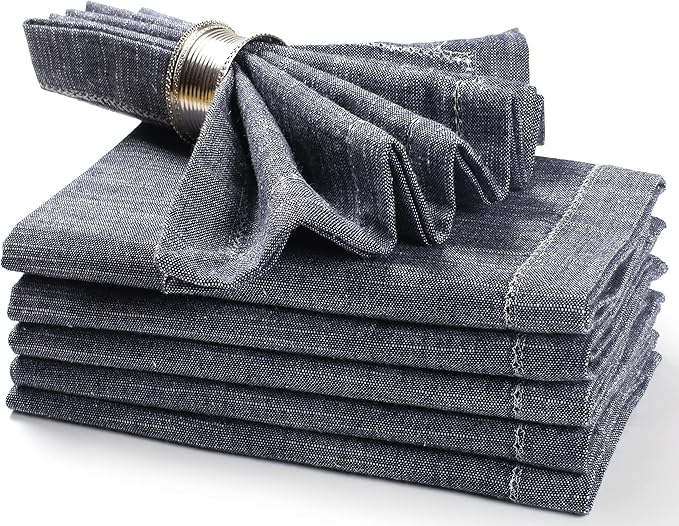 Chambray Slub Cloth Dinner Napkins Set of 6 (20X20 Inch - Navy Blue) 100% Everyday Use Premium Quality Over Sized with Mitered Corners Ultra Soft Durable Hotel (37962)