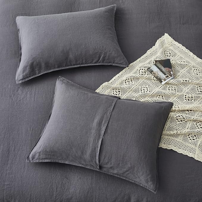 ATLINIA 100% Flax Linen Duvet Cover Set - Stone Washed Pure French Linen Organic Fabric for Farmhouse Comforter Boho Bedding Included 1 Duvet Cover 2 Pillow Shams(Dark Grey, Queen)