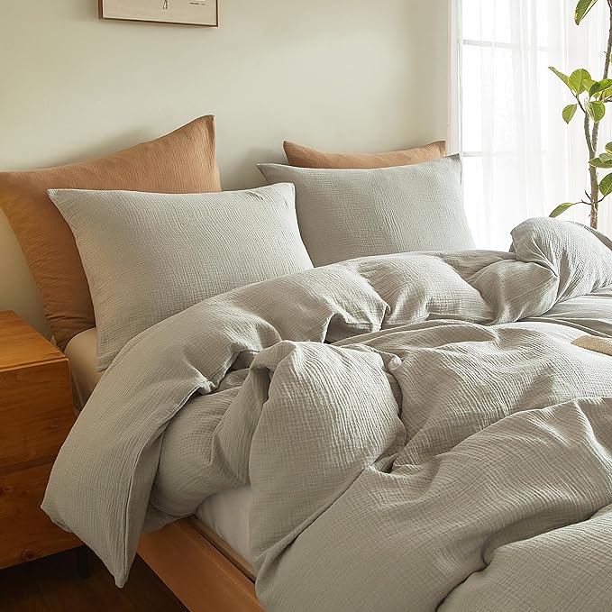 SE SOFTEXLY Muslin Duvet Cover Oversized King Size, 100% Washed Cotton Duvet Cover Set, Ultra Soft Comforter Cover Linen Like, 3 Pieces Gauze Duvet Cover with 2 Pillowcases, 98"x120", Smoky-Green