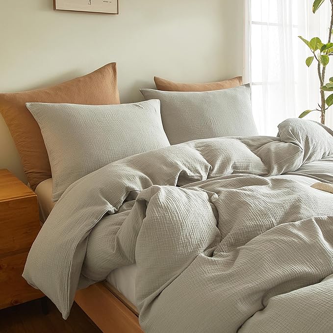 SE SOFTEXLY Muslin Duvet Cover Queen Size, 100% Washed Cotton Duvet Cover Set, Ultra Soft Comforter Cover Linen Like, 3 Pieces Minimalist Gauze Duvet Cover with 2 Pillowcases, 90"x90", Smoky-Green