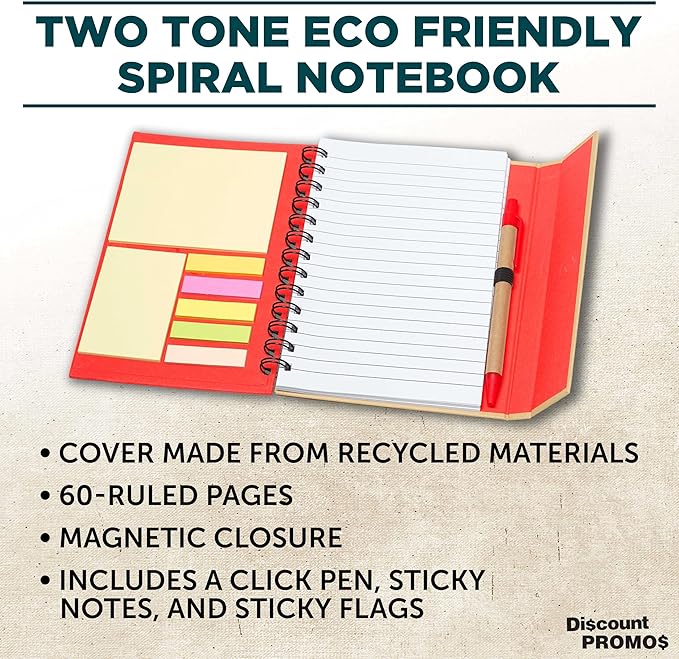 DISCOUNT PROMOS Custom Eco Friendly Spiral Notebooks with Pens Set of 10/50/100, Personalized Bulk Pack - Perfect for School, Office, Home - Red
