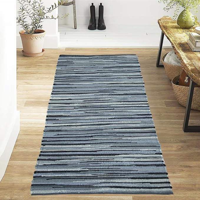 Cotton Hand Woven Chindi Runner Rug 2x6 Feet - Charcoal, Farmhouse Stripe Soft Area Floor Runners Ideal for Hallways, Kitchen, Nursery | Grey Decorative Reversible Indoor Space Mat for Bedroom
