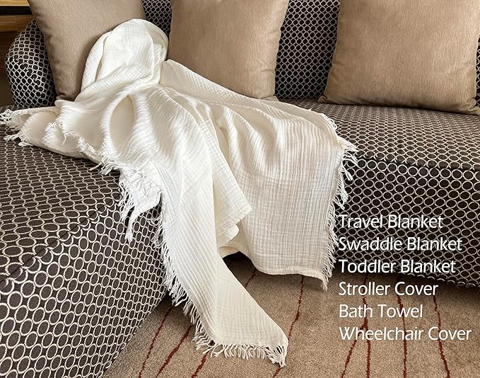 KyraHome 100% Cotton Muslin Blankets for Adults, Couch, 50"x60", Pre-Washed Plant Dyed, Breathable Lightweight Gauze Summer Throw Blanket, All Season (White)