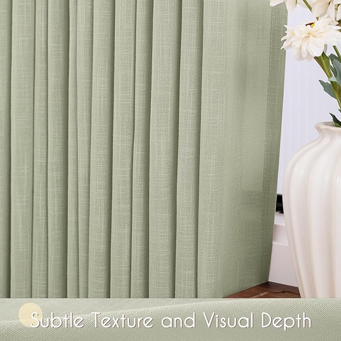 Linen Blend Sage Green Curtains 45 inch Length 2 Panels for Bedroom Back Tab Light Filtering Semi Sheer Drapes Linen Cotton Textured Light Green Airy Modern Farmhouse Living Room Sage Aesthetic Decor