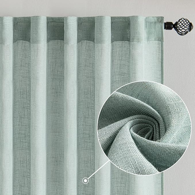 MIULEE Sea Green Linen Curtains 72 Inch Length for Bedroom Living Room, Soft Thick Linen Textured Window Drapes Semi Sheer Light Filtering Back Tab Rod Pocket Burlap Look Aqua Decor, 2 Panels