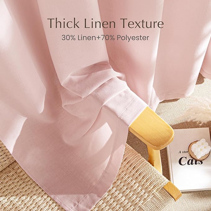 NICETOWN Linen Light Pink Curtains Semi Sheer for Girls Room, Rod Pocket & Back Tab Thick Flax Blend Privacy Assured with Light Filtering Window Treatments for Kids Room, W55 x L84, 2 Panels