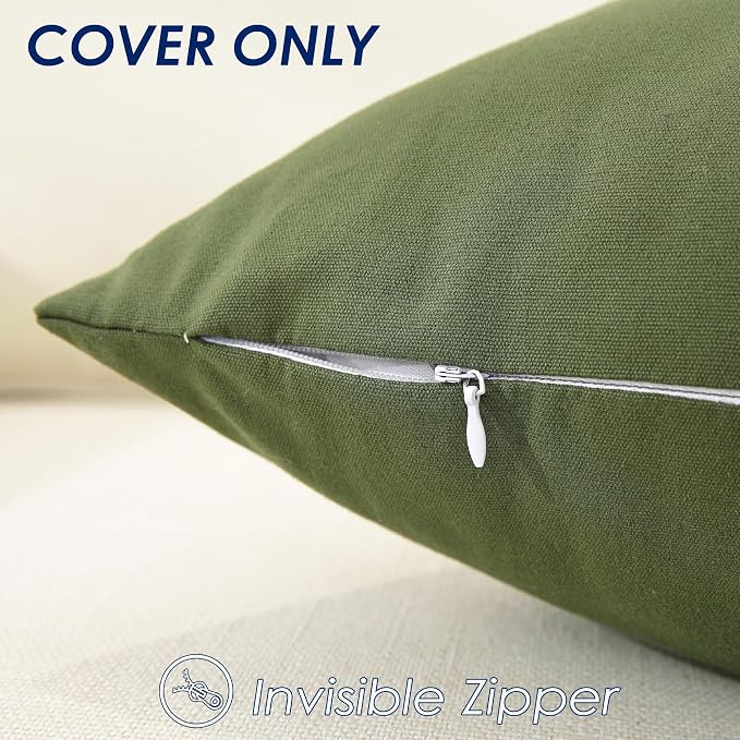 TAOSON Set of 2, Olive Green 100% Cotton Canvas Patchwork Throw Pillow Covers 18x18 Inch, Modern White Striped Farmhouse Decor Cushion Covers for Sofa Couch Bedroom Living Room