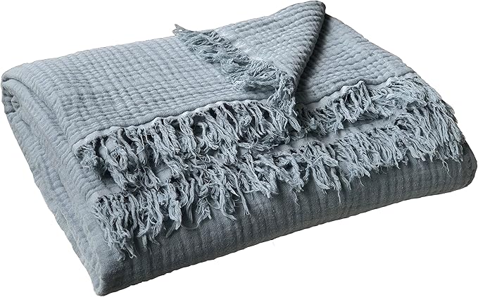 KyraHome 100% Cotton Throw Blankets for Couch, 60"x80" Pre-Washed Plant-Dyed Breathable Lightweight Gauze Soft Muslin Throw Blankets for Adults, All Season (Slate Blue)