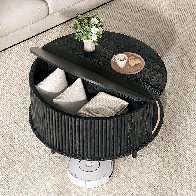 JOINICE 31.5" Round Coffee Table with Storage for Living Room, Black | Hidden Storage,Fluted Sliding Door,Modern Center Table for Small Apartments,Solid Wood Legs,Easy Assembly,Up to 110 lbs