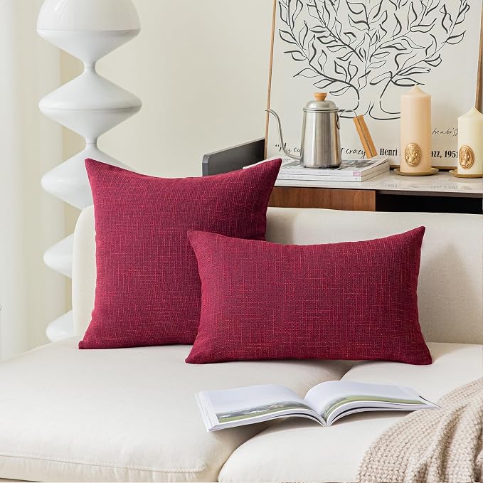 Kevin Textile Faux Linen Throw Cushion Covers Shams Textural Christmas Pillowcase with Hidden Zipper, 26"x26"(2 Pack, Burgundy)