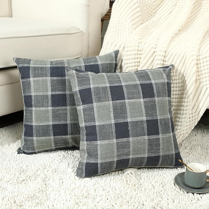 Stellhome Pack of 2 Linen Buffalo Check Throw Pillow Covers, Farmhouse Plaid Decorative Cushion Covers for Couch Sofa Living Room, 18x18 Inch, Dark Grey