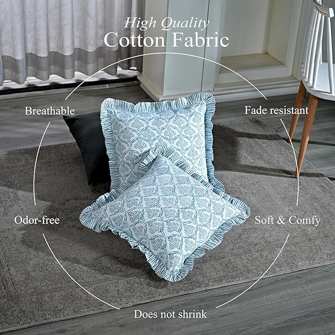 CPC Indigo Regal Hand Block Print 100% Cotton Ruffle Throw Pillow Cover 24x24 inch with Hidden Zipper Decorative for Couch, Bed, Sofa, Farmhouse, Cottagecore Decor Gift Christmas Fall Thanksgiving