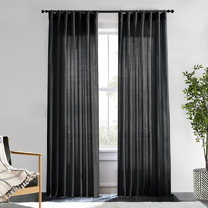 XTMYI Black Curtains 108 Inches Long for Sliding Glass Door 2 Panels Set Linen Hooks Ceiling Track Pleat Semi Sheer Backdrop Curtains 9 Ft Length