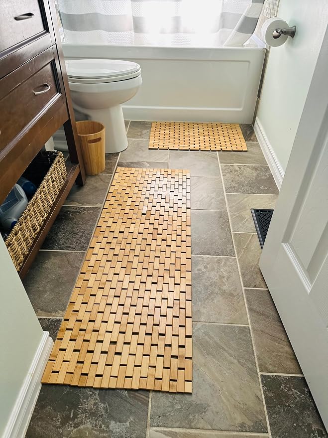 Bamboo Bath Mat 48 x 16 Inches and Wooden Soap Dish Set Bathroom Rugs Bathtub Mat Non Slip Bath Mats for Bathroom, Kitchen Sauna Spa Hot Tub Outdoor Decor