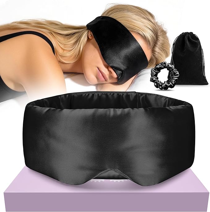 Silk Sleep Mask 22 Momme100% Mulberry Silk & 3.5cm Silk Hairband Set, Upgraded Light Blocking NosePad, Soft Wide Adjustable Strap, Comfortable Eye Mask for Men Women Home Travel (Black)