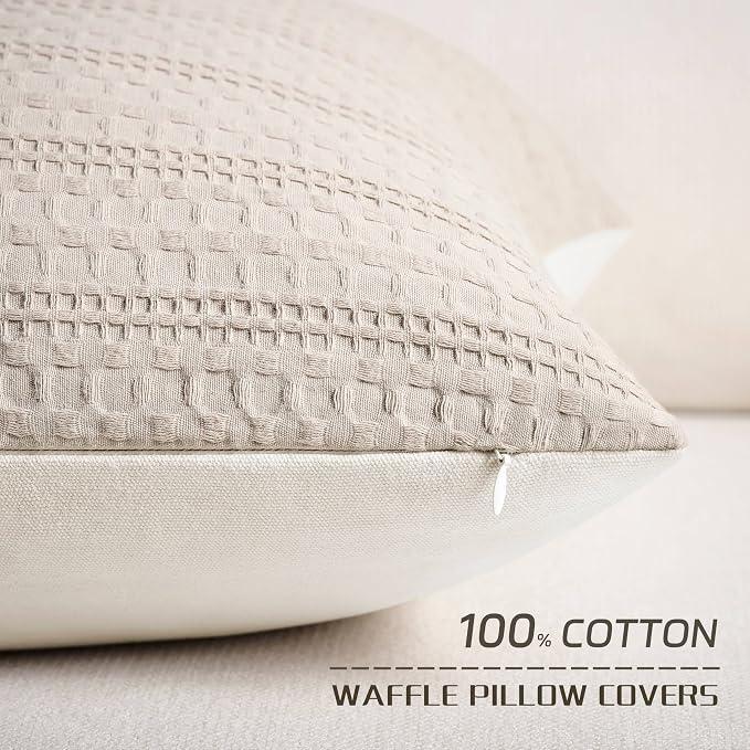 ZeeMart 100% Cotton Waffle Textured Throw Pillow Covers Set of 2, 22x22 Inch Taupe, Soft Farmhouse Decorative Couch Pillow Cases Light Brown Cushion Covers for Sofa Bed Living Room Home Decor