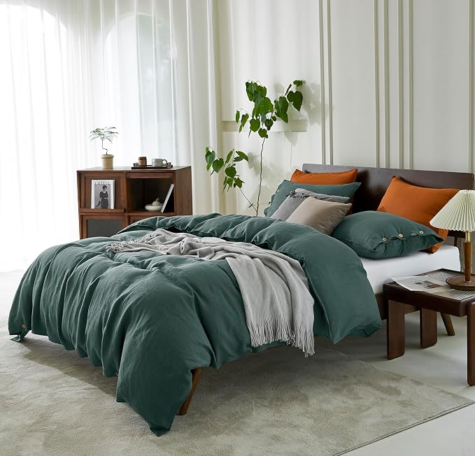 EVERLY 100% Pure Linen Duvet Cover Set Oversized King120X98Inch 3pcs (1 Duvet Cover,2 Pillowcases) Soft and Breathable for All Season with Coconut Button Closure, Suitable for Hot Sleepers-Aqua