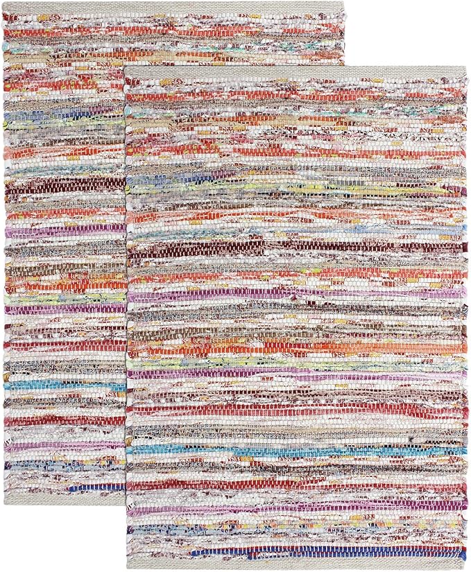 COTTON CRAFT Cotton Chindi Rag Rug - 2 Pack - Boho Farmhouse Rustic Area Accent Throw Rug - Handwoven Reversible Natural Recycled Yarn - Living Room Den Study Home Décor Gift -20 x 32 in - Multi Color