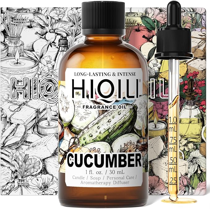 HIQILI Cucumber Fragrance Oil for Diffuser, Soap & Candle Making - 1 Fl Oz | Long-Lasting Fresh Scents for DIY Body Spray, Bath & Skin Products, Pet Safe, Graduated Dropper Included