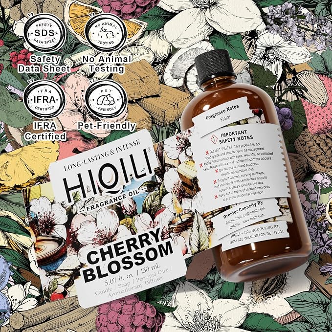 HIQILI Cherry Blossom Fragrance Oil, Floral Perfume Oil - 5.07 Fl Oz | Long-Lasting Scent for Candle & Soap Making, for Essential Oils Diffuser & Fresh Spray, DIY Skin Care and Body Product