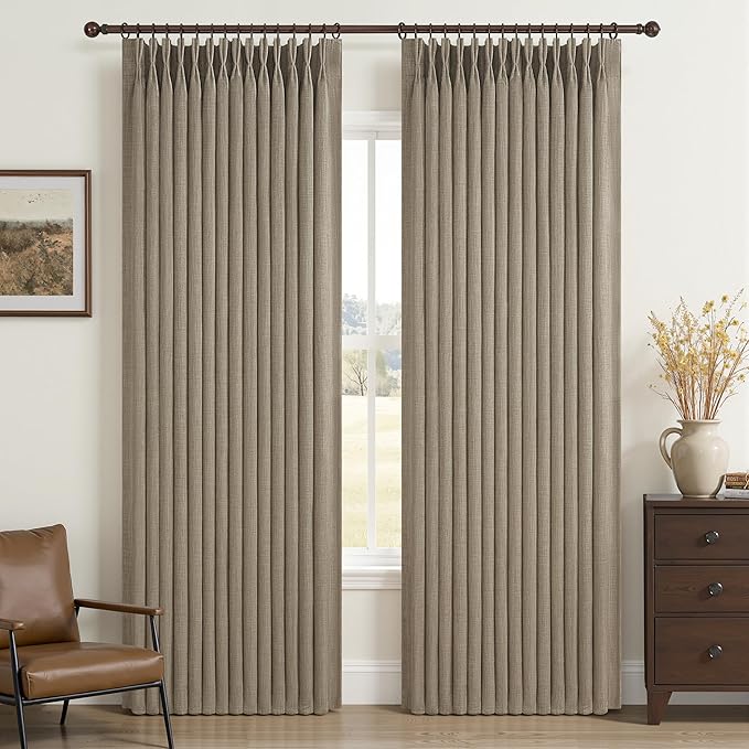 Memory Trained Pinch Pleated Blackout 78 Inch Curtains for Sliding Glass Doors, Oak Taupe Thick Natural Linen Double Layer Thermal Soundproof Farmhouse Windows Drapes with Hooks & Rings 2 Panels Set