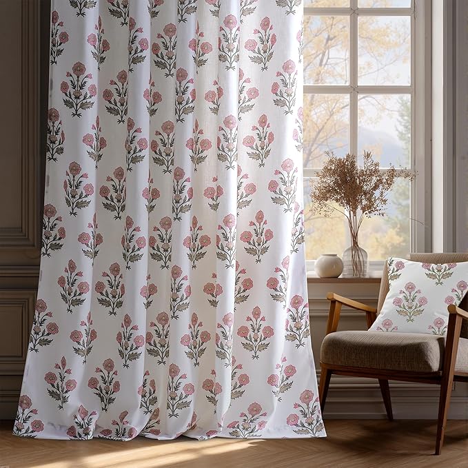 NICETOWN Floral Linen Curtains 84 inches Long Pink Pattern Printed for Girls Bedroom Nursery, Boho Farmhouse Window Sheer Curtain Drapes Aesthetic Light Filtering Privacy 2 Panel Sets, 55" W