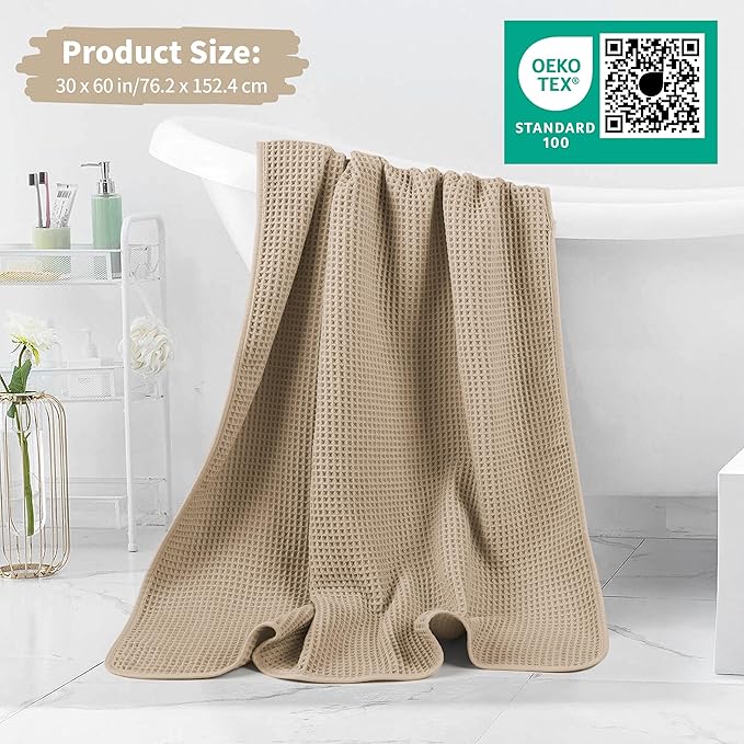 MICROFI New Microfiber Waffle Bath Towels, 2 Pieces, Oversized, Soft, Absorbent, Fast Drying, Lint Free 430 GSM (Beige)