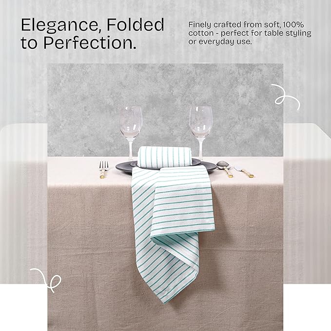 Sea Green Stripe Dinner Napkins (Set of 6), 18x18 Inch, 100% Cotton, Machine Washable, Classic Striped Cloth Napkin for Beach Lunches, Formal Events, Outdoor Dining & Everyday Use