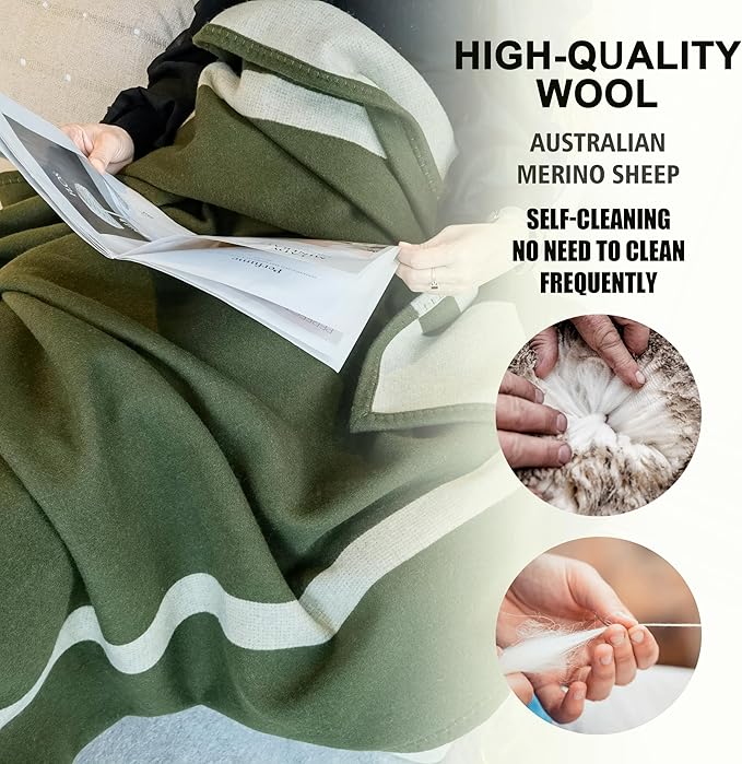 Wool Blanket & Throws 90% Wool Warm Blanket Soft Couch Blankets 75"x55" Twin Throw Blankets for Living Room, Camping, Outdoors, or Car Travel with Exquisite Box for Gift (OliveGreen)
