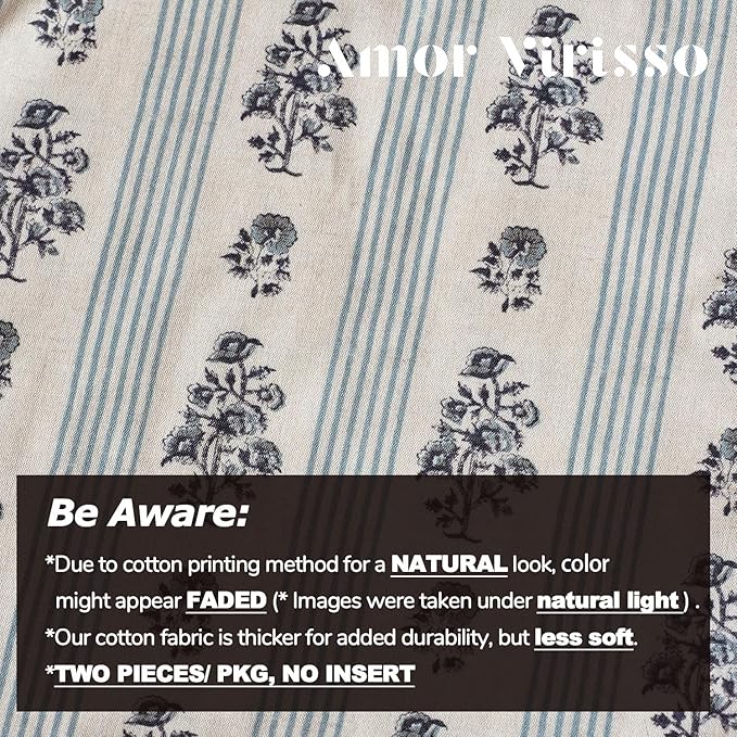 Amor Virisso Floral Throw Pillow Covers 24x24 Set of 2 Block Print Pillow Covers Neutral Floral Striped Farmhouse Decorative Pillow Covers for Sofa Couch Bed, Light Blue