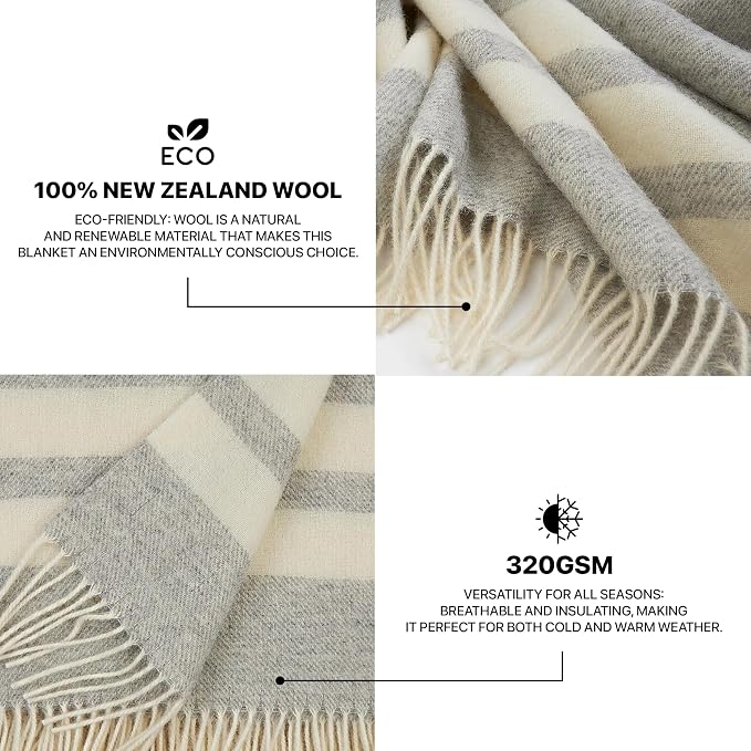 | Wool Blanket/Throw | 100% New Zealand Wool | Perfect for Home and Outdoors | Virgin Wool Blanket with Fringes 55"x79" (140 x 200 cm)