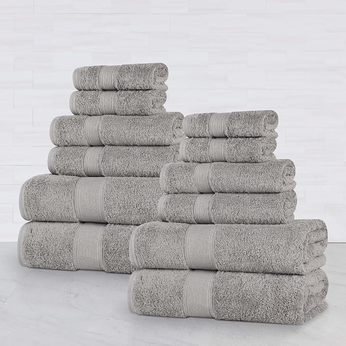 Superior Organic Cotton Solid Accessories for Bathrooms Towel Set, 12PC, Silver 12 Piece